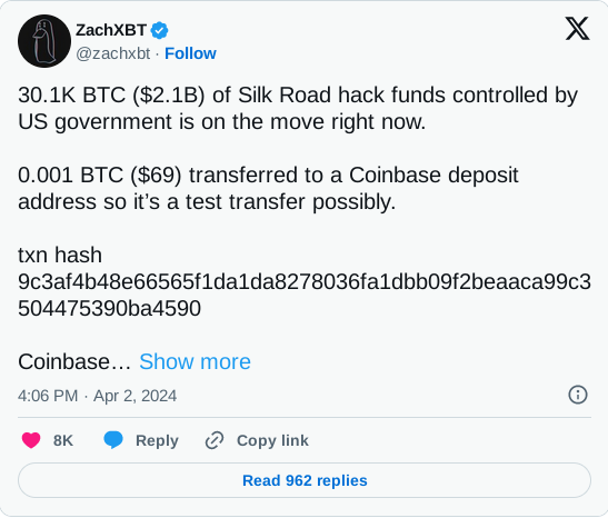 Tweet by zachxbt about silkroad bitcoin transfer